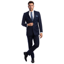 Load image into Gallery viewer, Navy Blue Men's Hybrid-Fit 3pc Paisley Suit w/ Wide Black Shawl Collar