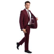Load image into Gallery viewer, Burgundy Men's Hybrid-Fit 3pc Paisley Suit w/ Wide Black Shawl Collar