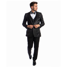 Load image into Gallery viewer, Black Men's Hybrid-Fit 3pc Paisley Suit w/ Wide Black Shawl Collar