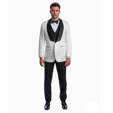 Load image into Gallery viewer, White Men's Hybrid-Fit 3pc Paisley Suit w/ Wide Black Shawl Collar