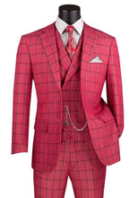 Load image into Gallery viewer, Men's Raspberry Red Plaid 3 Piece Suit with Vest Vinci MV2W-4