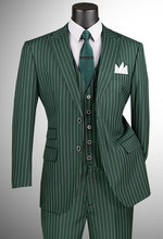 Load image into Gallery viewer, Men's Hunter Green 1920s Stripe 3 Piece Suit with Vest V2RS-9