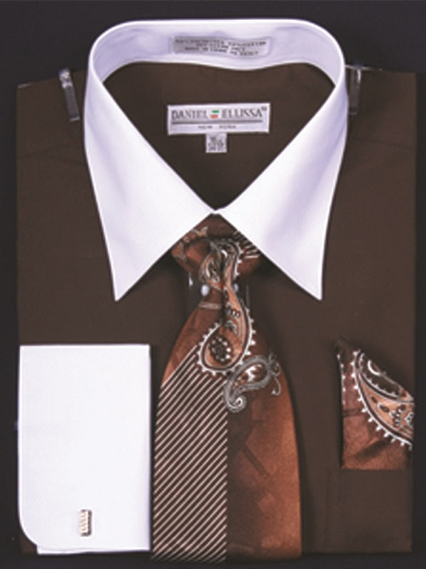 Men's Brown White Collar French Cuff Dress Shirt Tie Set de DS3006WTPRT