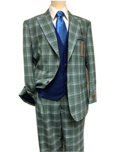 Load image into Gallery viewer, Steve Harvey Suit 3 Piece 1920s Green Plaid with Lapel Vest Blue 122746