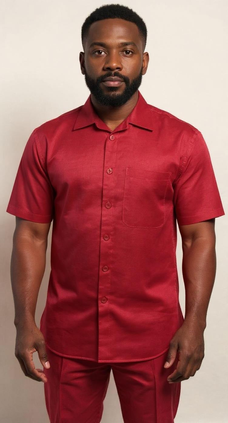Successo Mens Red Linen Walking Suit Short Sleeve Shirt & Pants 1065