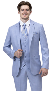 Men's Sky Blue 3 Pc Wool Blend Summer Suit with Vest Modern Fit 18022