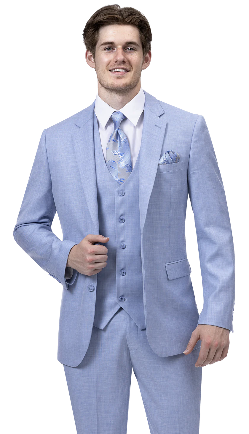 Men's Sky Blue 3 Pc Wool Blend Summer Suit with Vest Modern Fit 18022