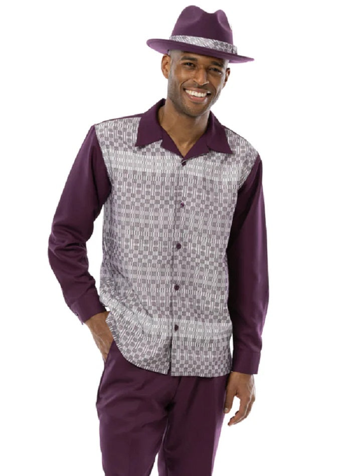 Montique Mens Purple Long Sleeve Walking Suit Outfit Woven Front 2357