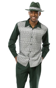 Montique Mens Green Long Sleeve Walking Suit Outfit Woven Front 2357