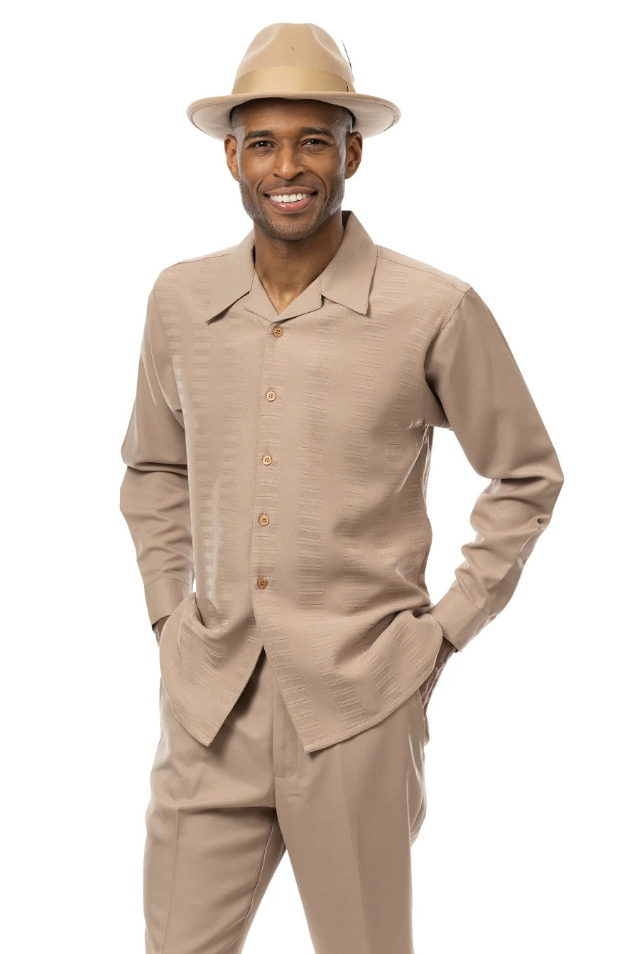 Montique Mens Walking Suit Long Sleeve Beige Tonal Pattern 2391
