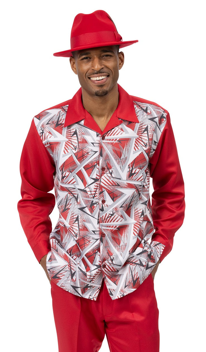 Montique Mens Matching Long Sleeve 2 Piece Set Red Geo Pattern 2464