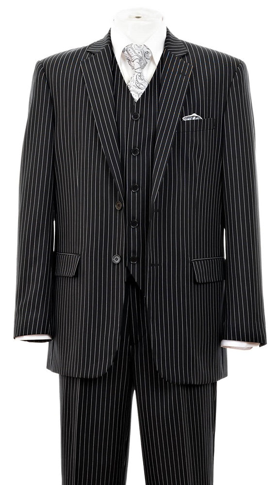 Men's Three Piece Black Pinstripe Suit Regular Fit Fortini 5702V10