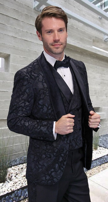 Statement Mens 3 Piece Fancy Pattern Black Lace Modern Fit Tuxedo Amore