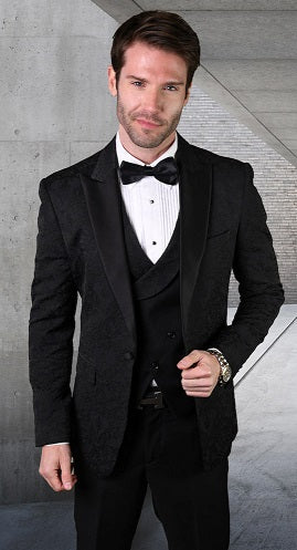 Men's Black Modern Fit Prom Paisley Fashion Tuxedo  Statement Belagio15