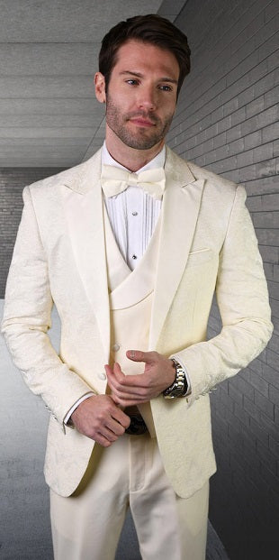 Men's Off White Modern Fit Prom Paisley Fashion Tuxedo  Statement Belagio15