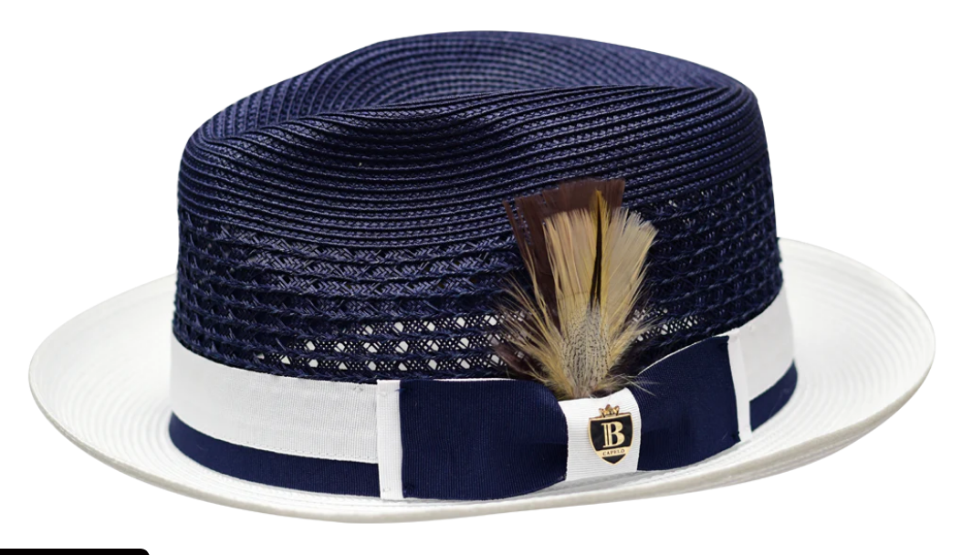 mens dress straw hats Belvedere Straw Fedora Collection by Bruno Capelo Navy Blue/White / Medium