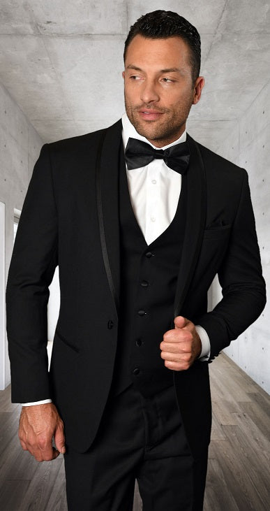 Statement Mens 3 Piece Black Modern Fit Designer Tuxedo Caesar