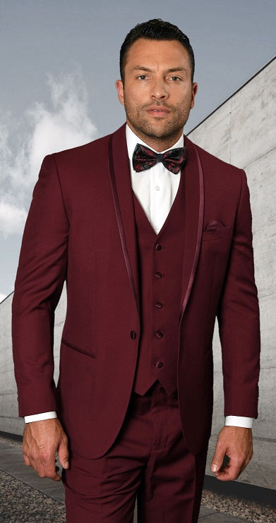 Statement Mens 3 Piece Burgundy Modern Fit Designer Tuxedo Caesar