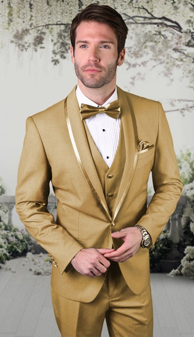 Statement Mens 3 Piece Champagne Modern Fit Designer Tuxedo Caesar