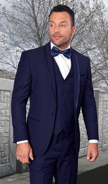 Statement Mens 3 Piece Navy Modern Fit Designer Tuxedo Caesar