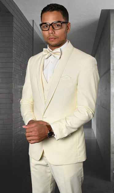 Statement Mens 3 Piece Off White Modern Fit Designer Tuxedo Caesar