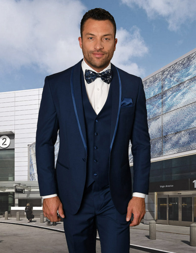 Statement Mens 3 Piece Sapphire Blue Modern Fit Designer Tuxedo Caesar
