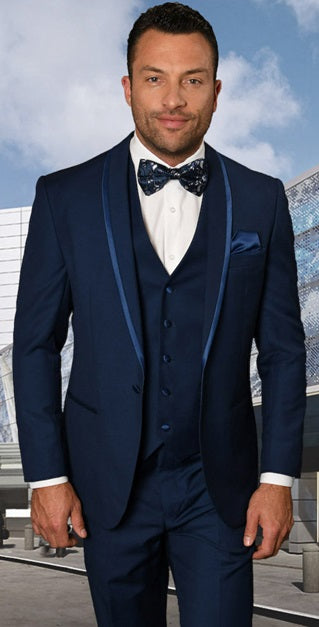 Statement Mens 3 Piece Sapphire Blue Modern Fit Designer Tuxedo Caesar