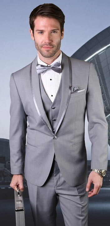 Statement Mens 3 Piece Grey Modern Fit Designer Tuxedo Caesar
