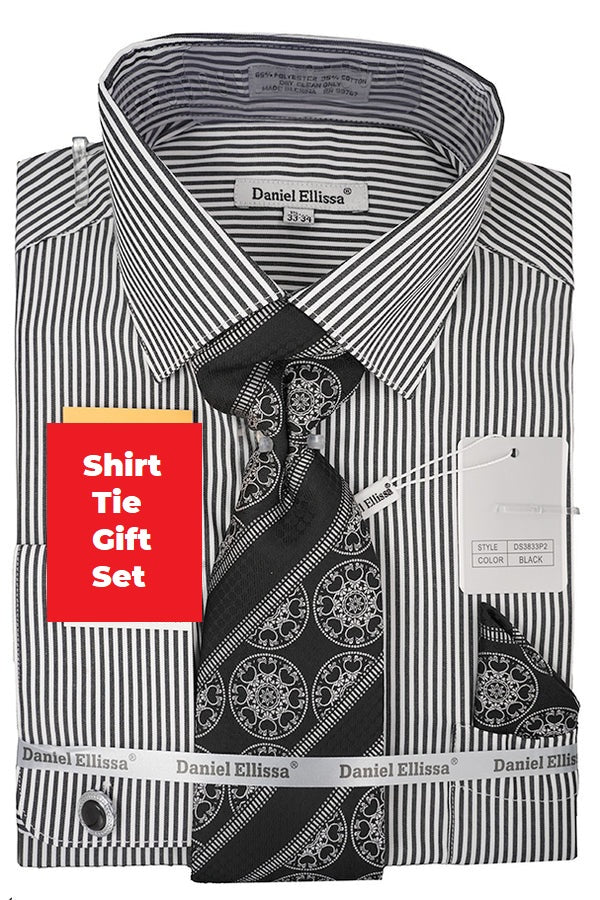 Men's Oxford Stripe French Cuff Shirt Tie Set Purple DS3833P2