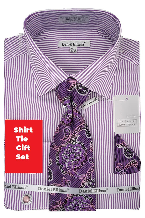 Men's Oxford Stripe French Cuff Shirt Tie Set Purple DS3833P2