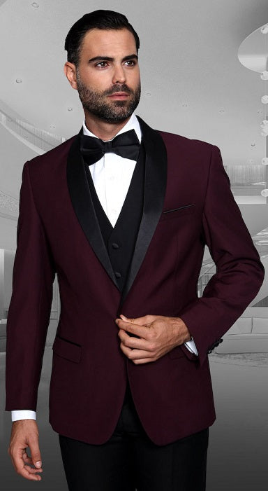Statement Burgundy Modern Fit 3 Piece Shawl Collar Fashion Tuxedo Encore