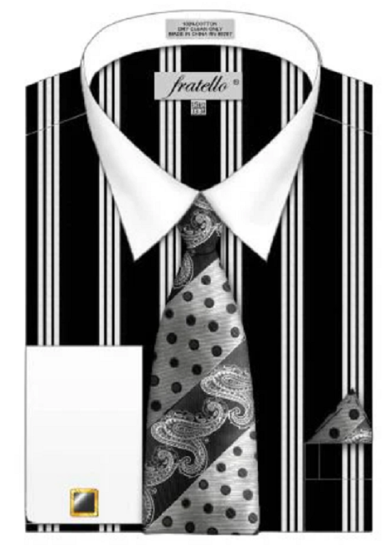 Men's Black Triple Stripe French Cuff Dress Shirt Tie Set Fratello FRV Men's Black Triple Stripe French Cuff Dress Shirt Tie Set Fratello FRV