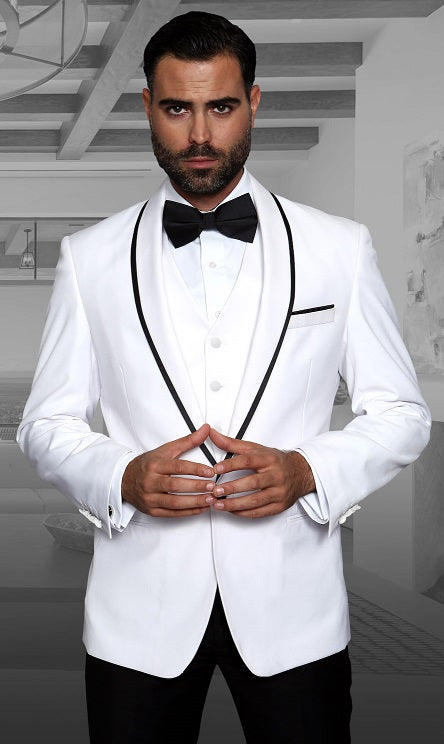 Statement White Modern Fit Wool Young Mens Fashion Tuxedo Genova