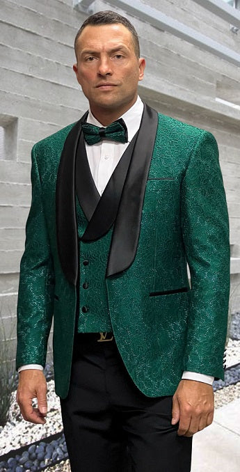 Statement Men's Hunter Green Textured Pattern Modern Fit Fashion Tuxedo DB Vest Grammy