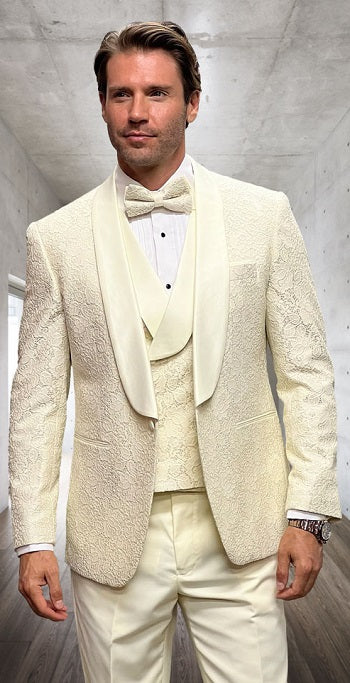 Statement Men's Off White Textured Pattern Modern Fit Fashion Tuxedo DB Vest Grammy
