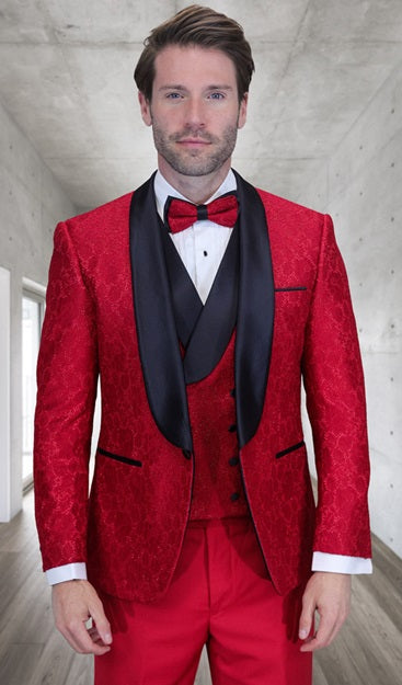 Statement Men's Red Textured Pattern Modern Fit Fashion Tuxedo DB Vest Grammy