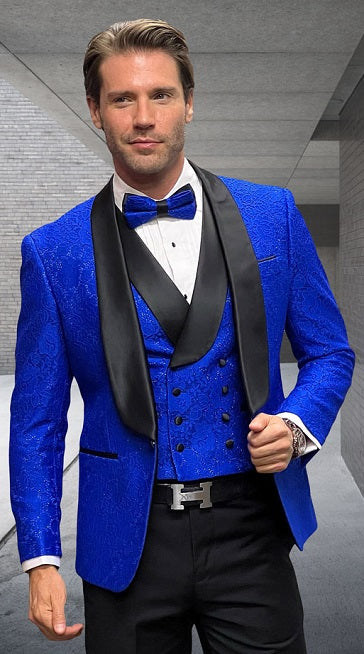 Statement Men's Sapphire Textured Pattern Modern Fit Fashion Tuxedo DB Vest Grammy