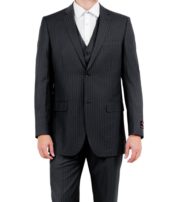 Men's Black Pinstripe 3 Piece Suit with Vest M120-01    