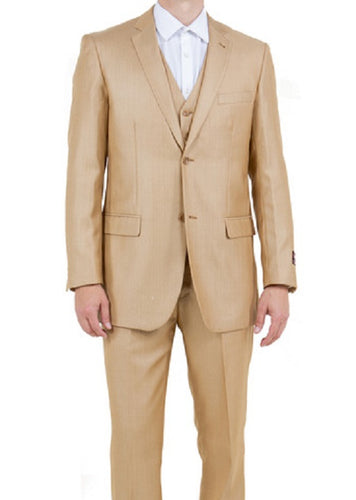 Men's Wheat Beige 3 Piece Suit Textured Solid Tazio