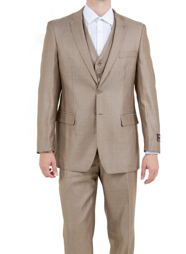 Men's Dark Tan 3 Piece Suit Textured Solid Tazio