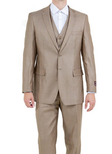 Men's Dark Tan 3 Piece Suit Textured Solid Tazio M158-09
