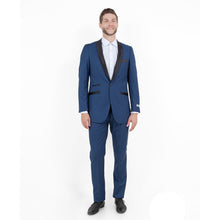 Load image into Gallery viewer, Blue / Black Solid with Black Shawl Collar Trim 2-PC Slim Fit Suits
