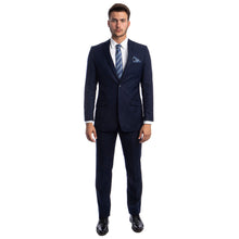 Load image into Gallery viewer, Navy Blue Men's Hybrid-Fit 3pc Paisley Suit w/ Wide Black Shawl Collar
