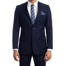 Load image into Gallery viewer, Navy Blue Men's Hybrid-Fit 3pc Paisley Suit w/ Wide Black Shawl Collar
