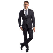 Load image into Gallery viewer, Charcoal Grey Men's Hybrid-Fit 3pc Paisley Suit w/ Wide Black Shawl Collar

