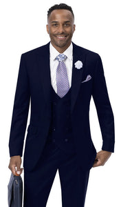 Men's 3 Pc Modern Wedding Suit Navy with Vest Tailored Fit 2770