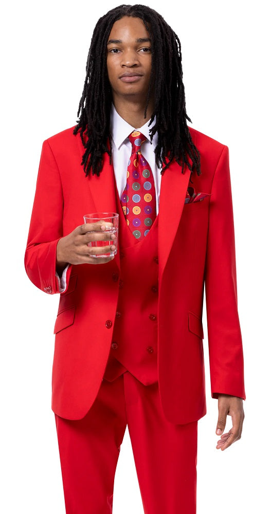 Men's 3 Piece Modern Fashion Suit Red with Vest Tailored Fit 2770