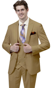 Men's 3 Piece Modern Daytime Wedding Suit Tan with Vest Tailored Fit 2770