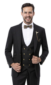 Men's Gold Button 3 Pc Black Suit with Double Breasted Vest Modern Fit 2771