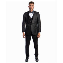 Load image into Gallery viewer, Black Men's Hybrid-Fit 3pc Paisley Suit w/ Wide Black Shawl Collar

